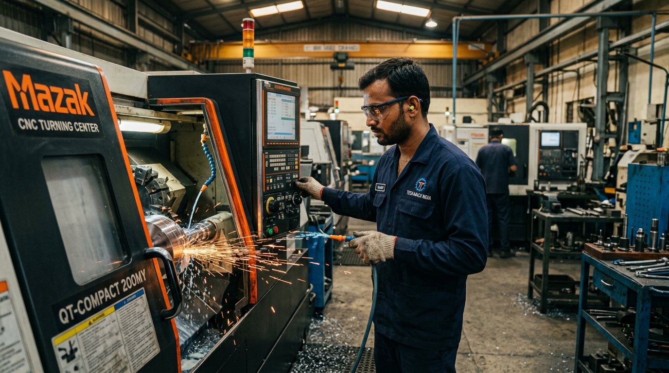 Machinist working on precision CNC lathe